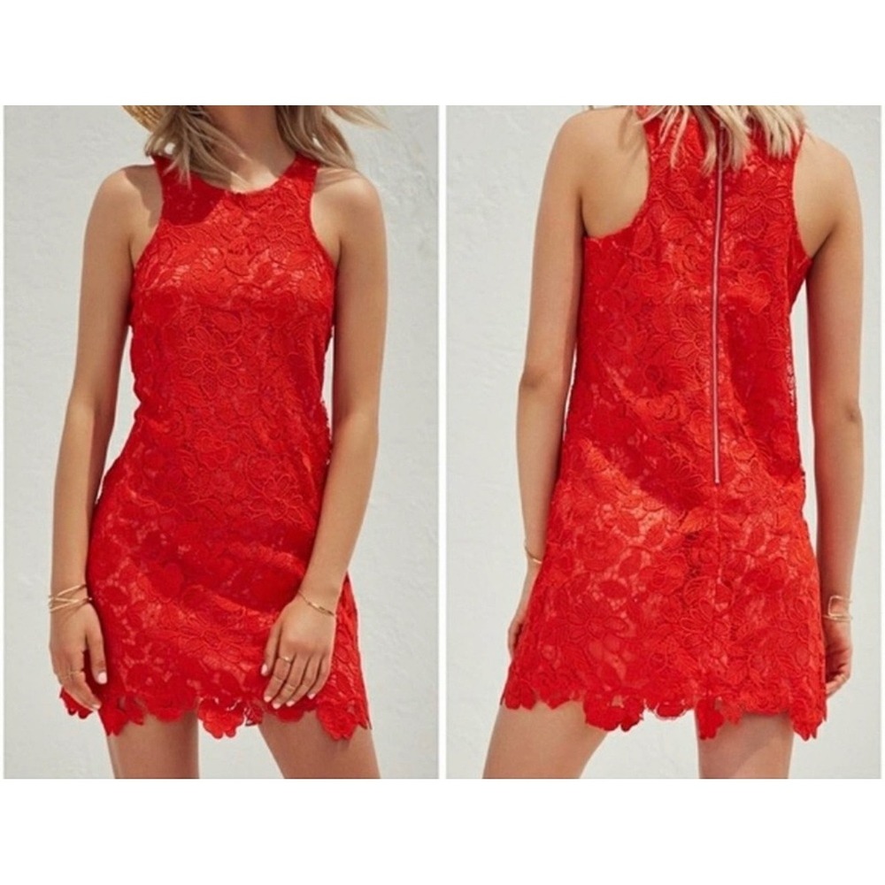 Lovers + Friends Red Lace Caspian Lace Shift Mini Dress Floral Cocktail X Small